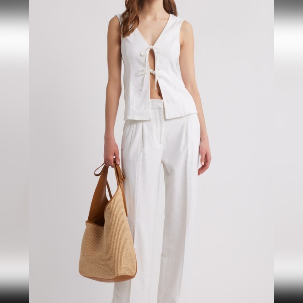 Open Edit White Tie Front Lined Linen Blend Top Size X Large Nwt